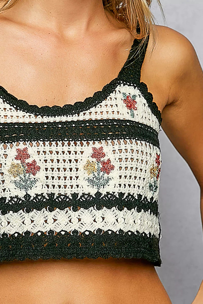 POL Floral Embroidered Cropped Crochet Cami with Scalloped Hem - Tigbul's Variety Fashion Shop