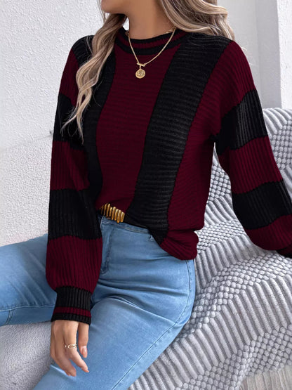 Color Block Round Neck Sweater - Tigbul's Variety Fashion Shop