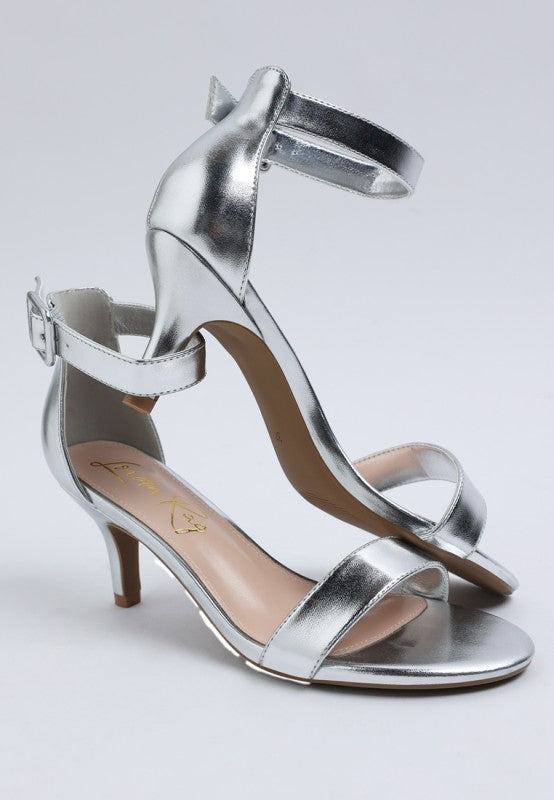 Metallic silver strappy kitten heel sandals with ankle strap and open round toe