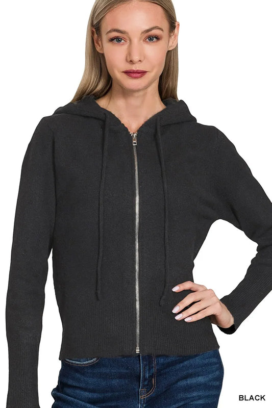 Zenana Drawstring Zip Up Hooded Cardigan - Tigbul's Variety Fashion Shop