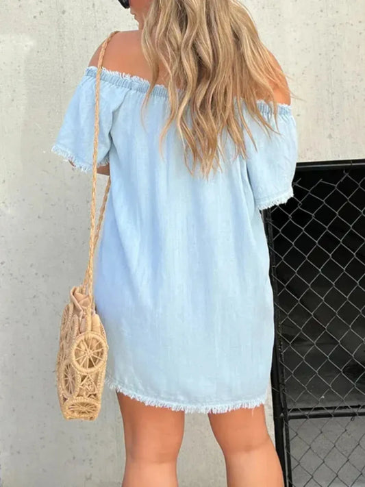 Full Size Raw Hem Mini Denim Dress Plus Size - Tigbul's Variety Fashion Shop