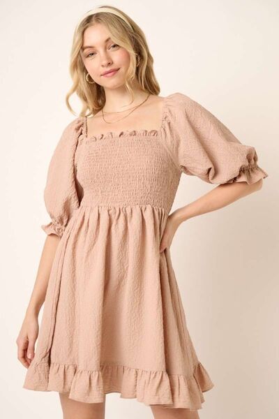 Taupe Smocked Ruffled Hem Half Sleeve Mini Dress - Tigbul's Variety Fashion Shop