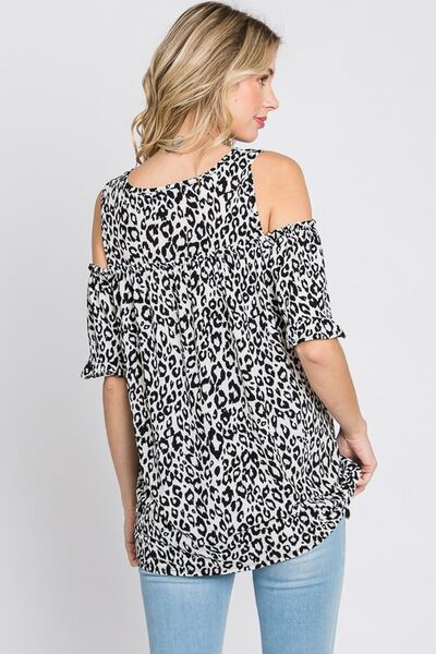 Ivory/Black Leopard Round Neck Cold Shoulder T-Shirt Plus Size - Tigbul's Variety Fashion Shop