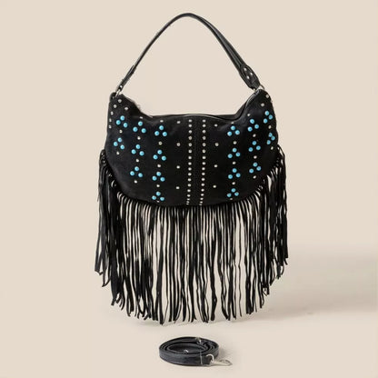 Black Studded Pattern Multi Fringe Hobo Shoulder Bag - Tigbul's Variety Fashion Shop