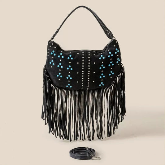 Black Studded Pattern Multi Fringe Hobo Shoulder Bag - Tigbul's Variety Fashion Shop
