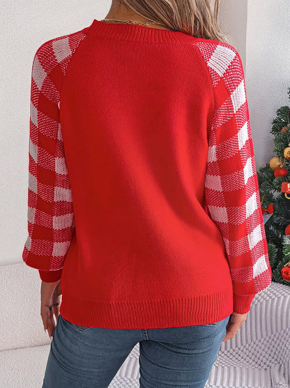 Reindeer Plaid Round Neck Long Sleeve Sweater - Tigbul's Variety Fashion Shop