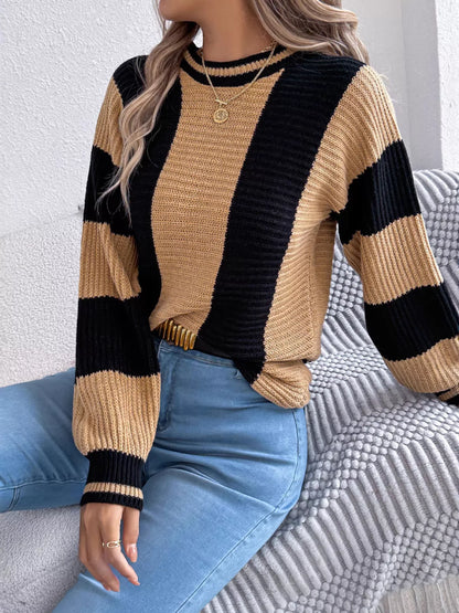 Color Block Round Neck Sweater - Tigbul's Variety Fashion Shop