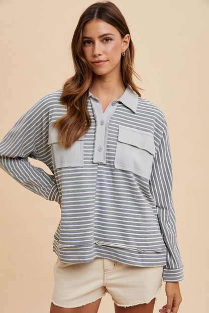 Annie Wear Striped Button Detail Long Sleeve Polo Top - Tigbul's Variety Fashion Shop