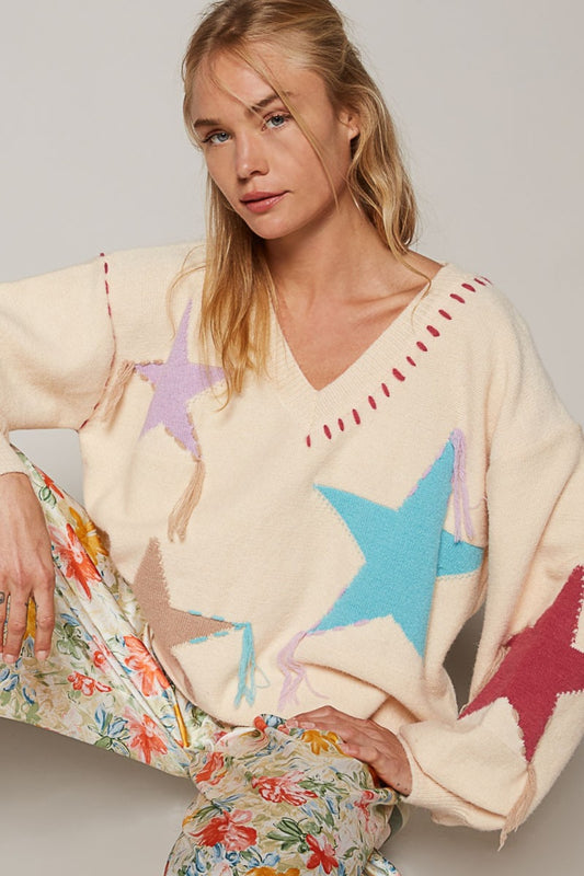 POL V-Neck Long Sleeve Star Fringe Sweater - Tigbul's Variety Fashion Shop