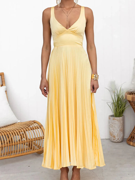Pleated V-Neck Sleeveless Maxi Dress - Tigbul's Variety Fashion Shop
