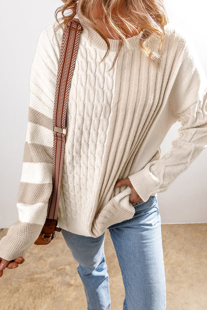 Cable-Knit Color Block Round Neck Sweater - Tigbul's Variety Fashion Shop