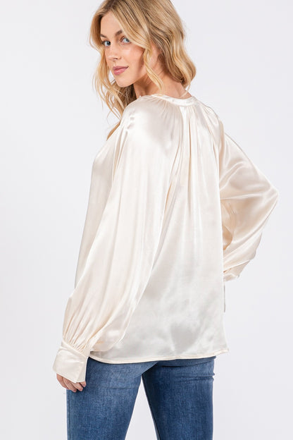 SAGE + FIG Notched Long Sleeve Blouse - Tigbul's Variety Fashion Shop