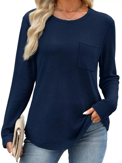 Waffle Knit Long Sleeve Pocket T-Shirt - Tigbul's Variety Fashion Shop