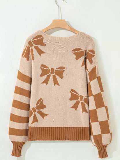 Ribbon Bow Checkered Striped Sleeve Drop Shoulder Sweater - Tigbul's Variety Fashion Shop