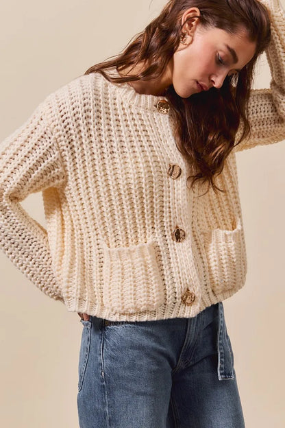 SO ME Metal Button Long Sleeve Chunky Sweater Cardigan - Tigbul's Variety Fashion Shop