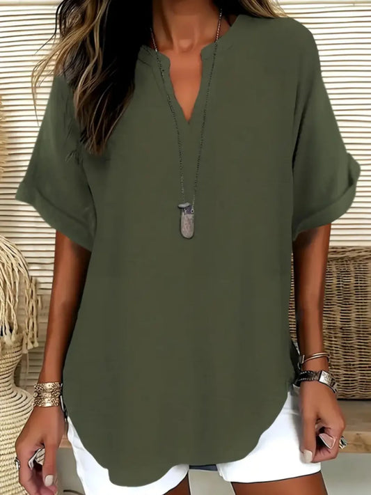 Casual Notched Short Sleeve Blouse - Tigbul's Variety Fashion Shop