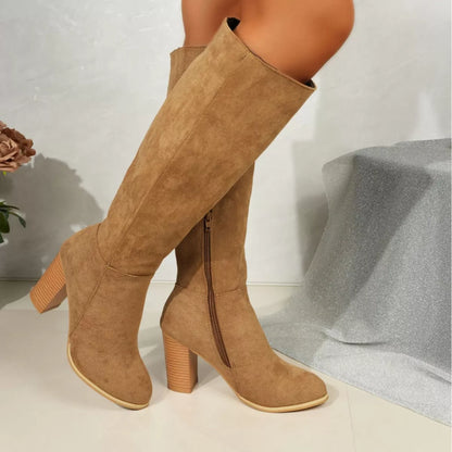 Point Toe Knee-High Suede Block Heel Boots - Tigbul's Variety Fashion Shop