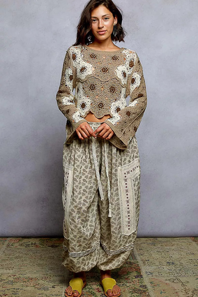 POL Floral Weave Pattern Crochet Cropped Top with Beads Detail - Tigbul's Variety Fashion Shop