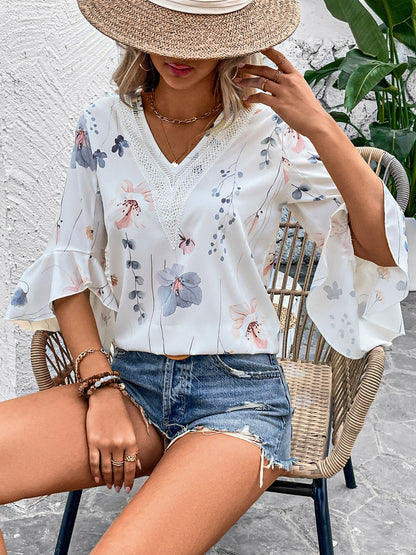 Ruffled Printed V-Neck Half Sleeve Blouse - Tigbul's Variety Fashion Shop