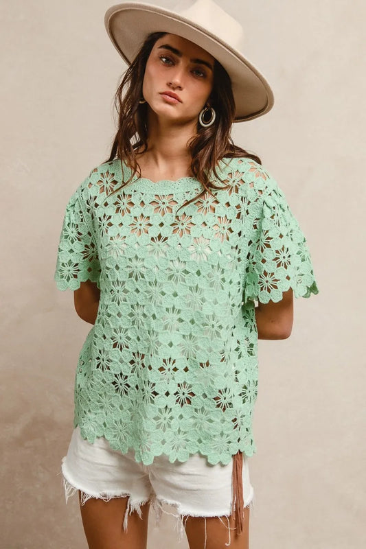 BiBi Openwork Crochet Short Sleeve Knit Top - Tigbul's Variety Fashion Shop