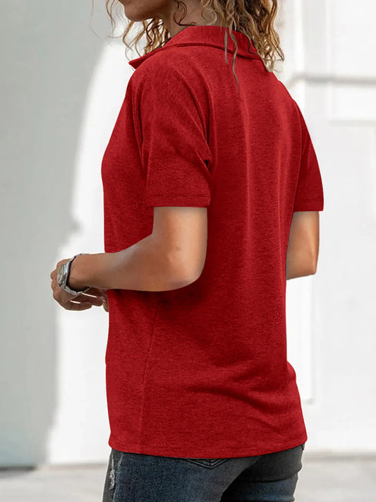 Zip Collar Short Sleeve Top - Tigbul's Variety Fashion Shop