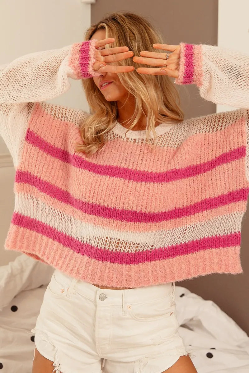 BiBi Hollow Out Yoke Detail Striped Sweater - Tigbul's Variety Fashion Shop
