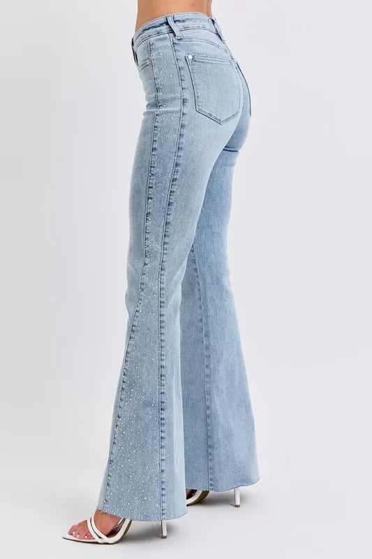 Judy Blue Full Size Midi Rise Rhinestone Side Panel Detail Flare Jeans Plus Size - Tigbul's Variety Fashion Shop