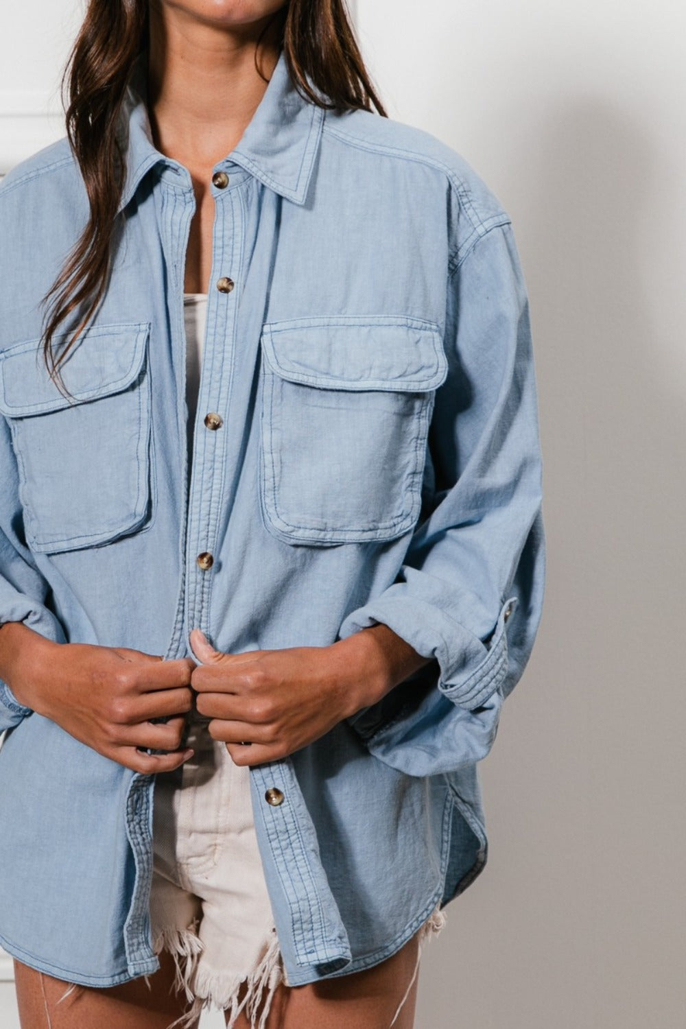 BiBi Button Down Stitch Detail Shirt with Chest Pockets - Tigbul's Variety Fashion Shop