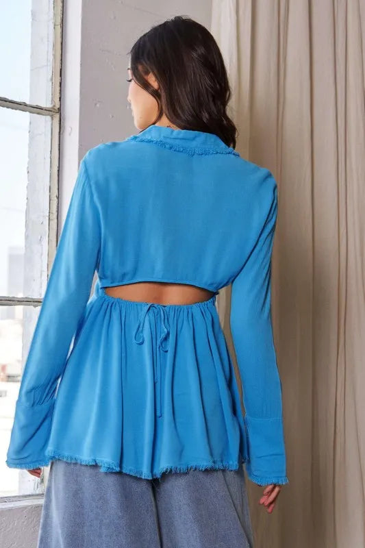 Blue V-Neck Open Back Adjustable Babydoll Shirt - Tigbul's Variety Fashion Shop