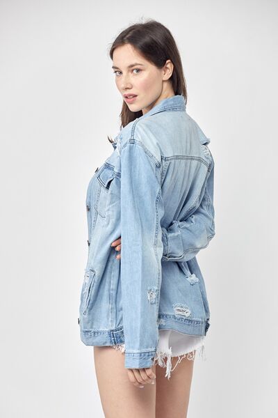 Light Blue Distressed Long Sleeve Denim Jacket Small-3XL | Tigbuls