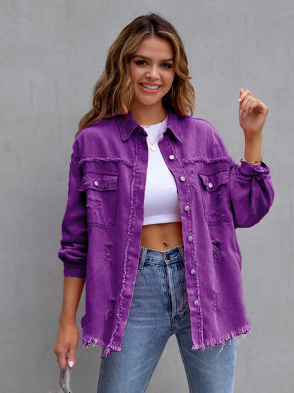 Distressed Drop Shoulder Denim Jacket - Tigbul's Variety Fashion Shop