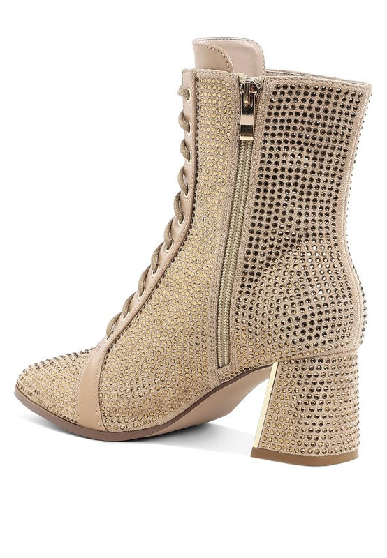 Beige ankle boots with rhinestone sparkle, side zipper, and high block heel