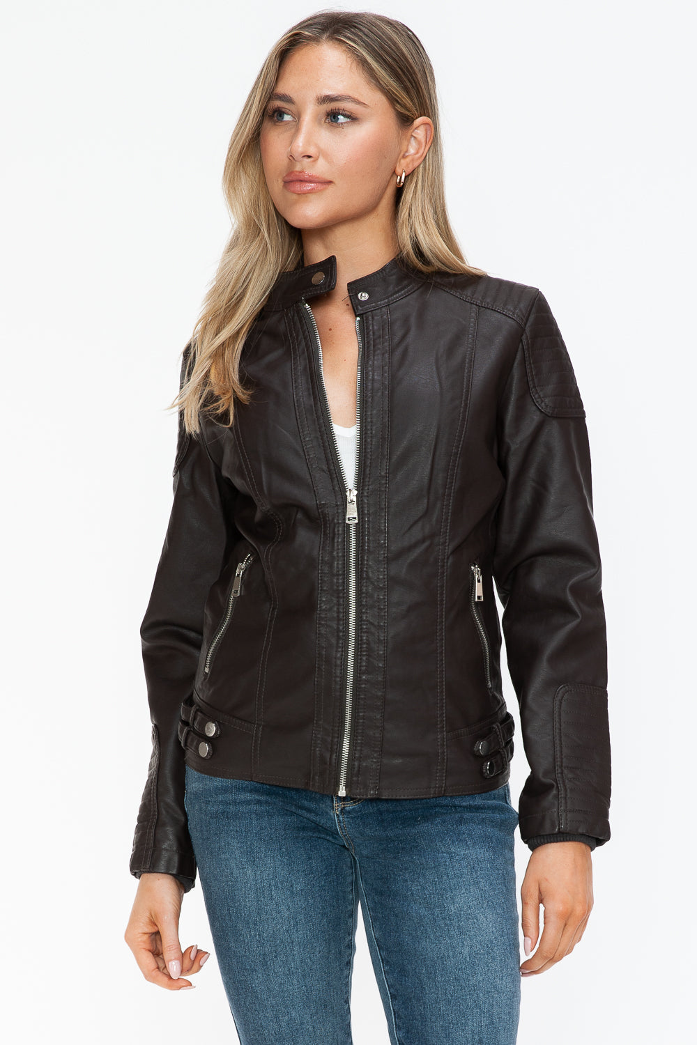 Chocolate Faux Leather Biker Jacket with Side Zip Pockets