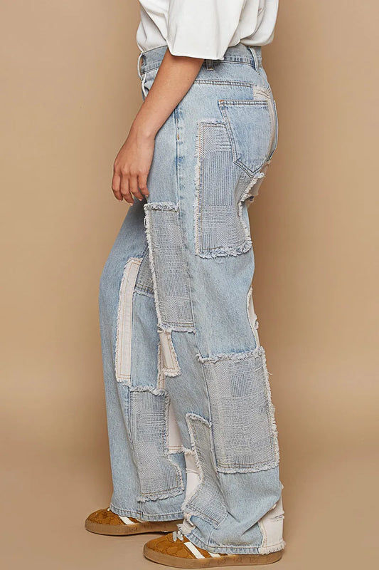 POL Contrast Patched Raw Hem Straight Jeans - Tigbul's Variety Fashion Shop