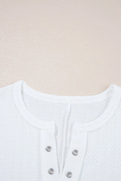 Textured Hollow Grommet Placket Split Neck Short Sleeve Top - Tigbul's Variety Fashion Shop