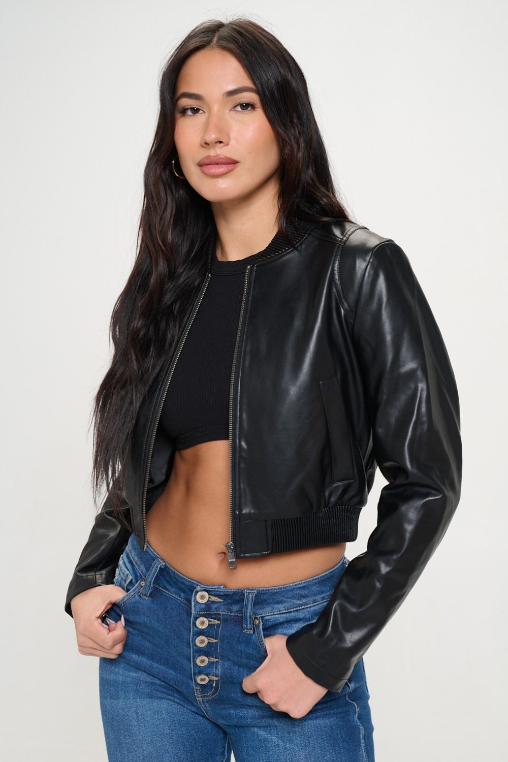 Coalition LA Zip Up Cropped Bomber Jacket - Tigbul's Variety Fashion Shop