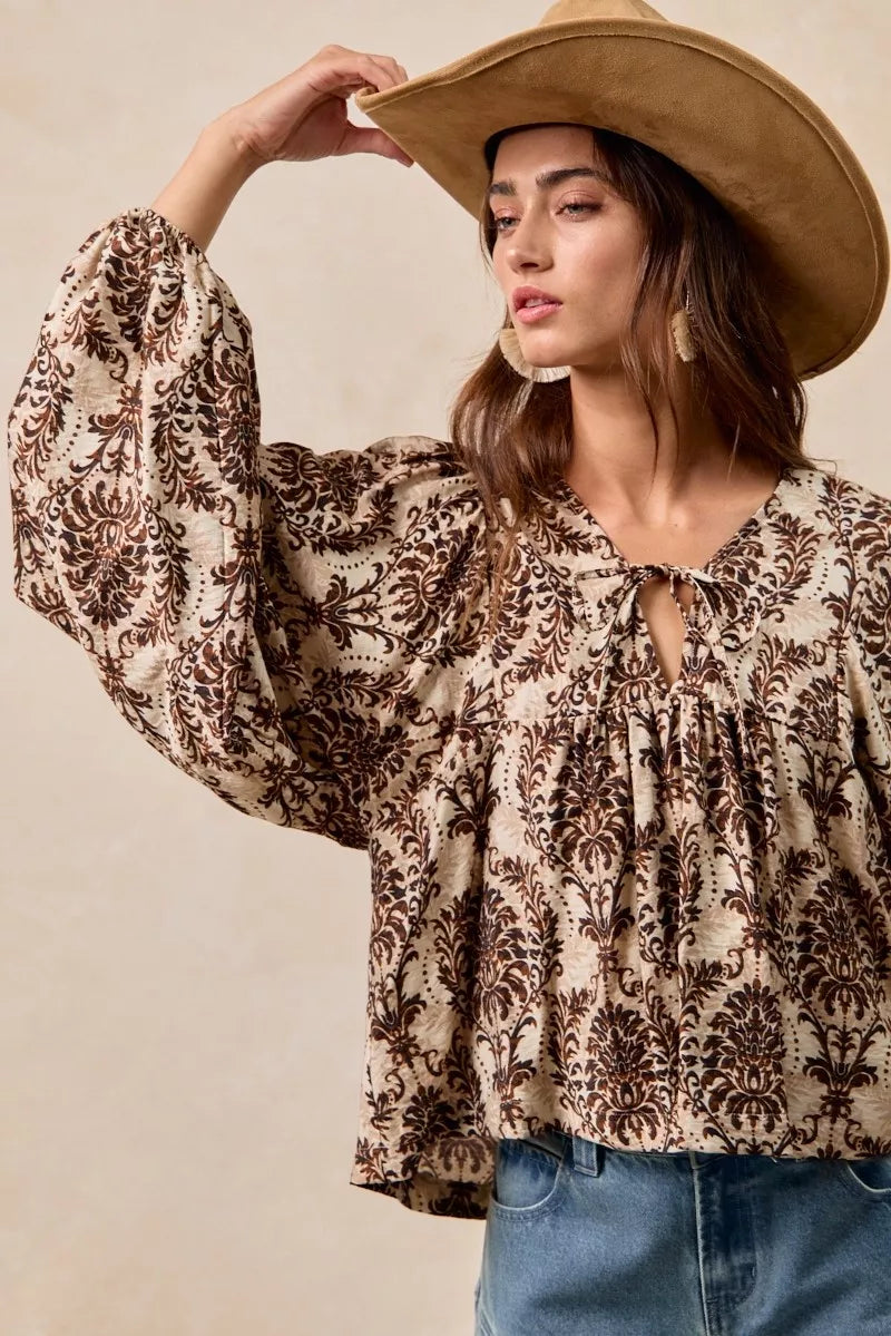 BiBi Printed Woven Front Tied Blouse with Baloon Sleeve - Tigbul's Variety Fashion Shop