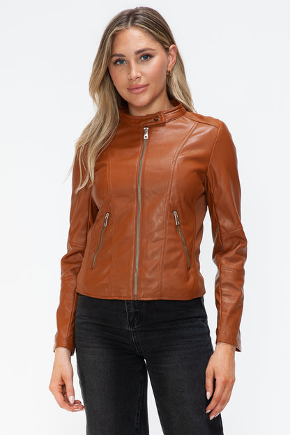 Faux Leather Zip Up Drawstring Hooded Jacket in Camel