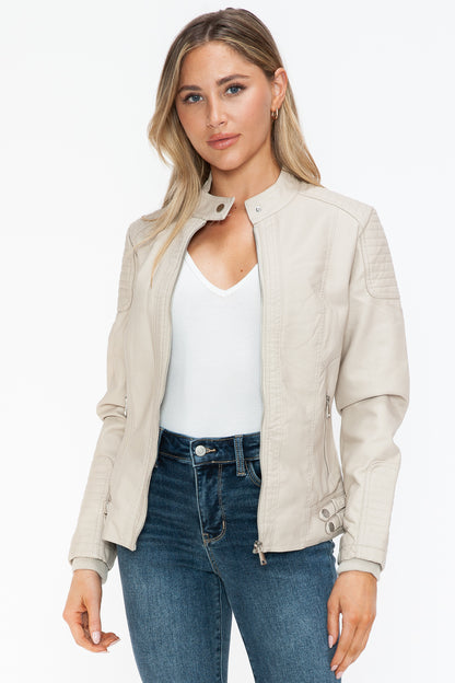 Sand Color Faux Leather Biker Jacket with Side Zip Pockets