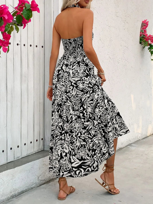 Backless Smocked Printed Sleeveless Black Midi Dress - Tigbul's Variety Fashion Shop