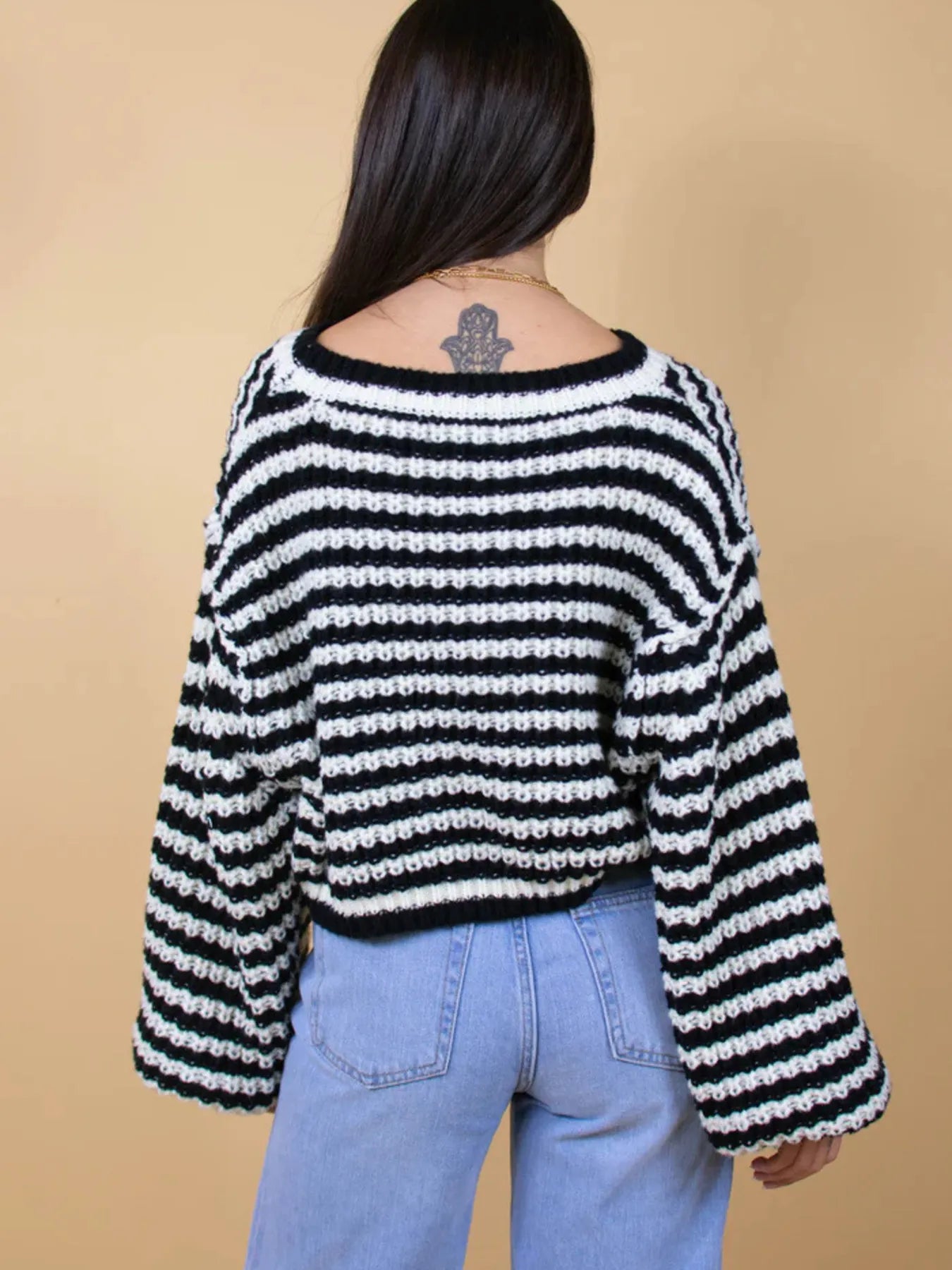 Oversized Striped Drop Shoulder Sweater - Tigbul's Variety Fashion Shop