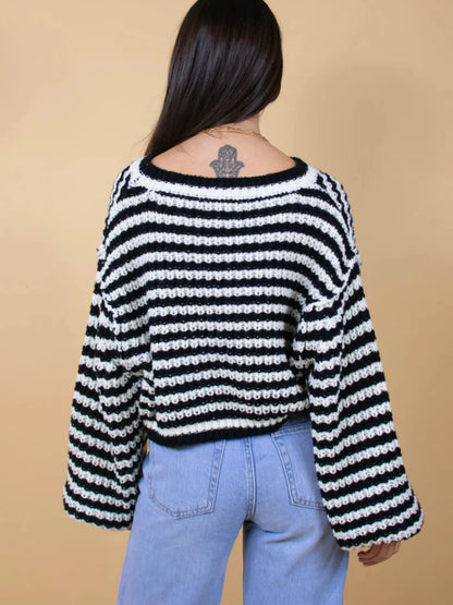 Oversized Striped Drop Shoulder Sweater - Tigbul's Variety Fashion Shop