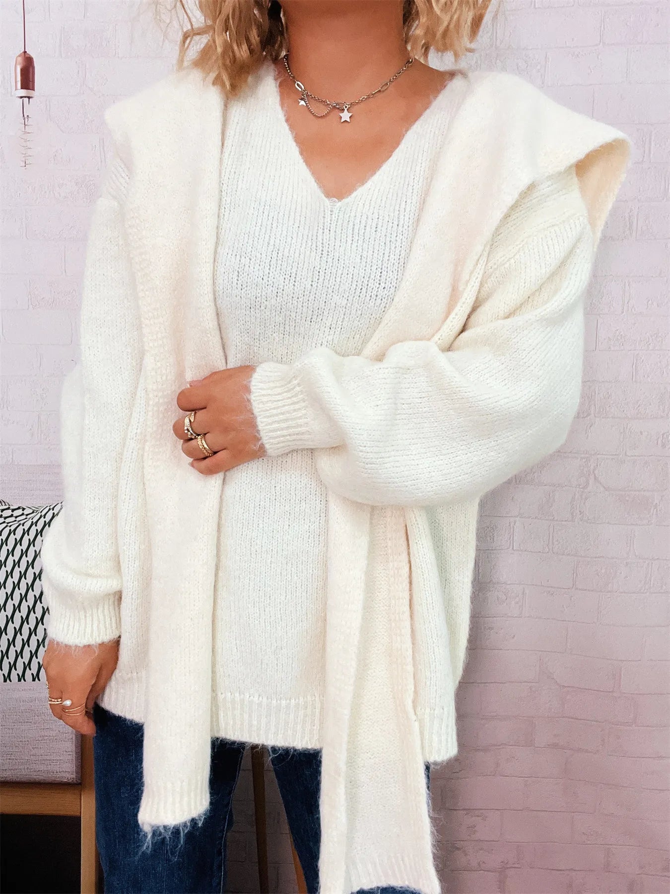 Ribbed Hem V-Neck Sweater with Shawl - Tigbul's Variety Fashion Shop