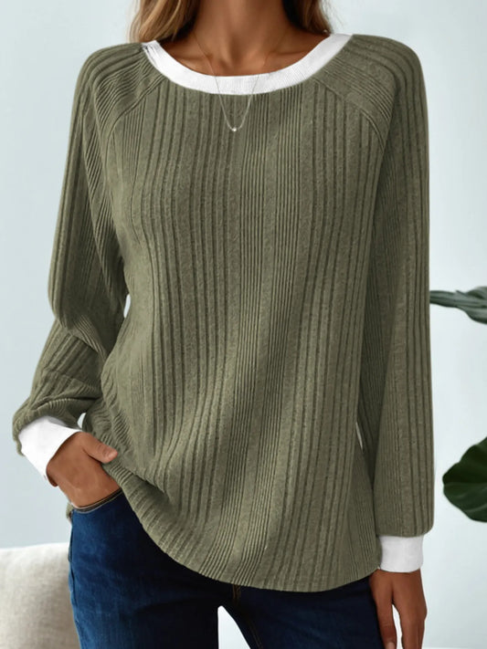 Ribbed Contrast Cuffed Round Neck Long Sleeve T Shirt - Tigbul's Variety Fashion Shop