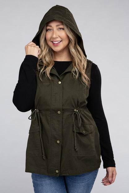 Plus Drawstring Waist Military Hoodie Vest - Tigbul's Variety Fashion Shop