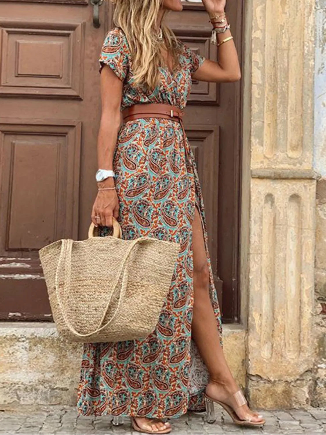 Full Size Printed V-Neck Short Sleeve Maxi Dress Plus Size - Tigbul's Variety Fashion Shop