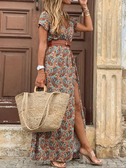 Full Size Printed V-Neck Short Sleeve Maxi Dress Plus Size - Tigbul's Variety Fashion Shop
