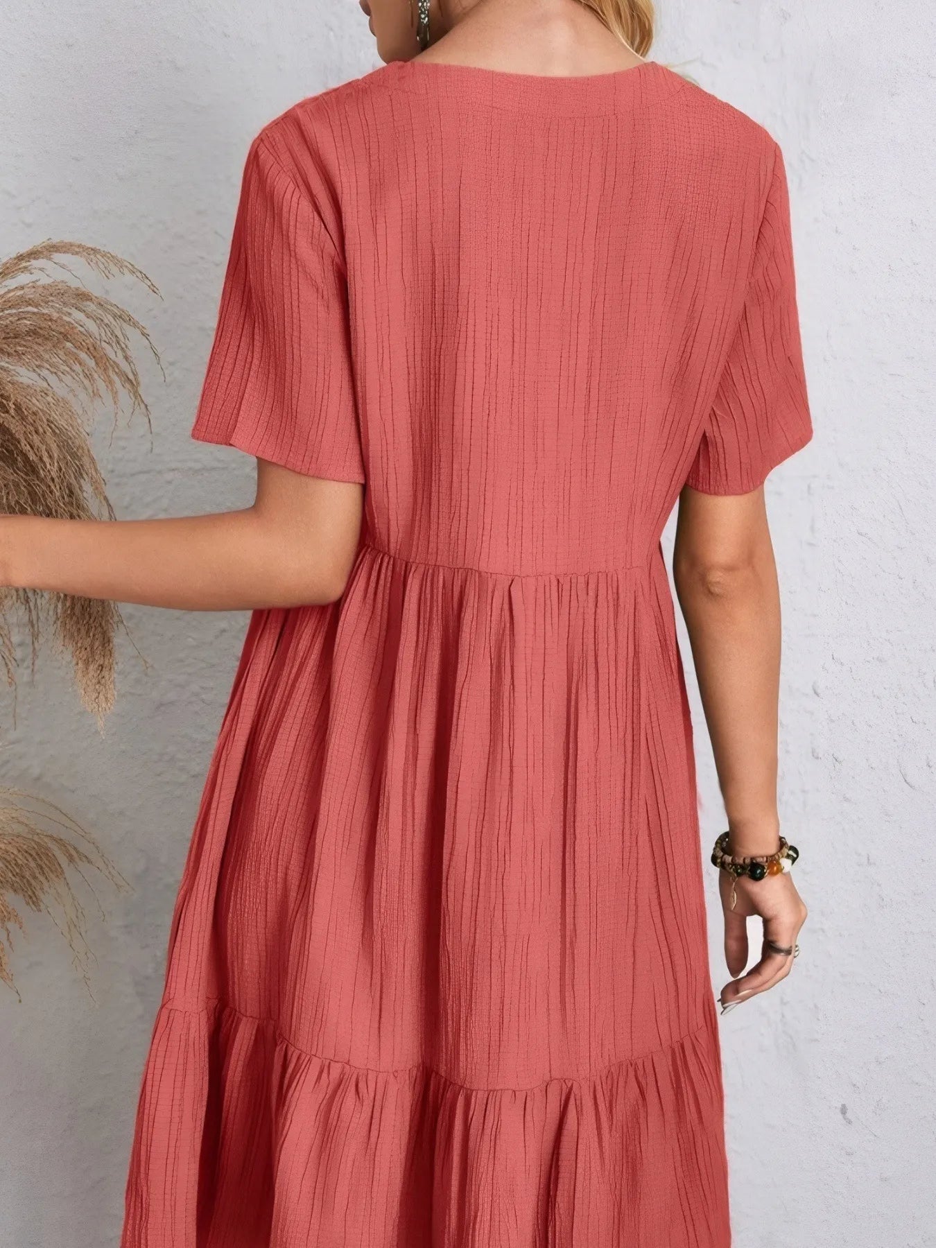 V-Neck Tiered Dress with Flutter Sleeves - Tigbul's Variety Fashion Shop