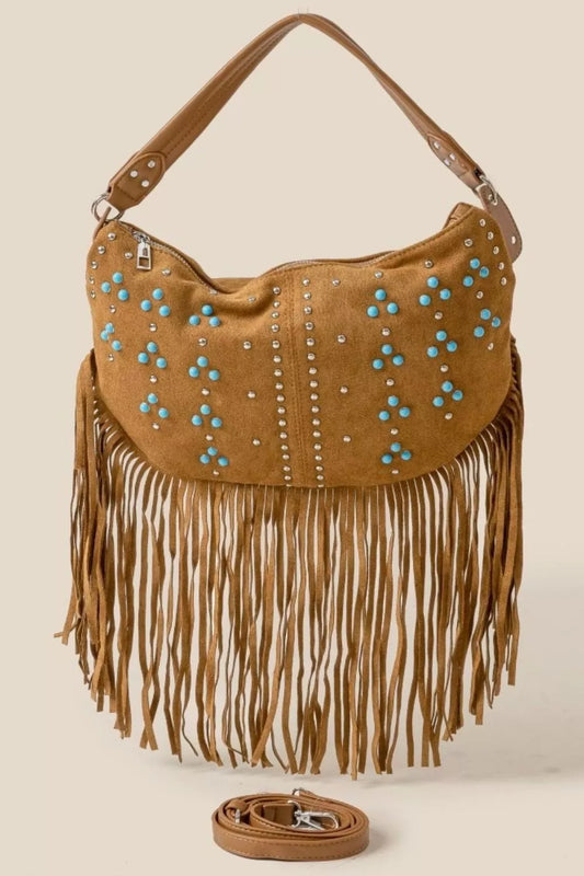 Fame Studded Pattern Multi Fringe Hobo Shoulder Bag - Tigbul's Variety Fashion Shop