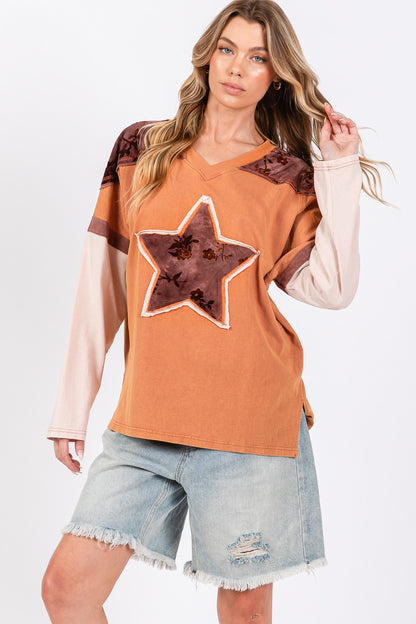 SAGE + FIG Star Patch Long Sleeve Color Block T-Shirt - Tigbul's Variety Fashion Shop